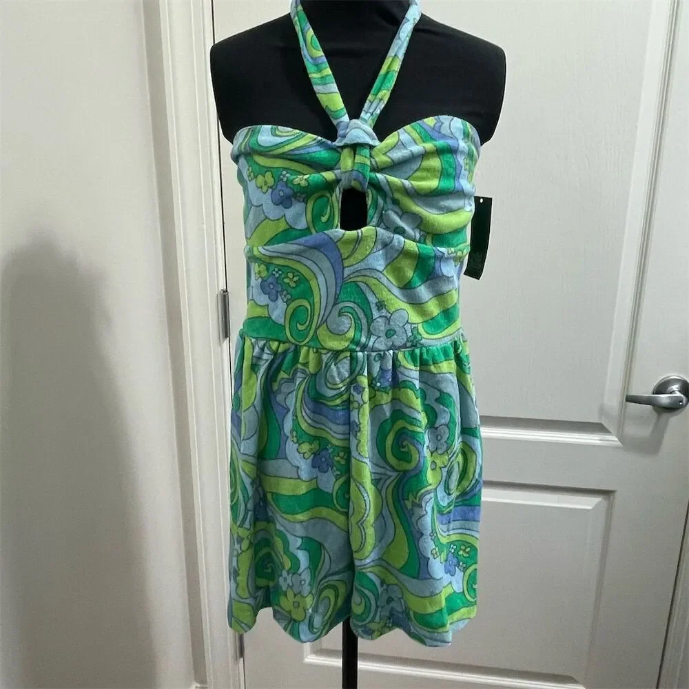 NWT Wild Fable Women's Blue Swirl Terry Cloth Halter Romper Standard Size